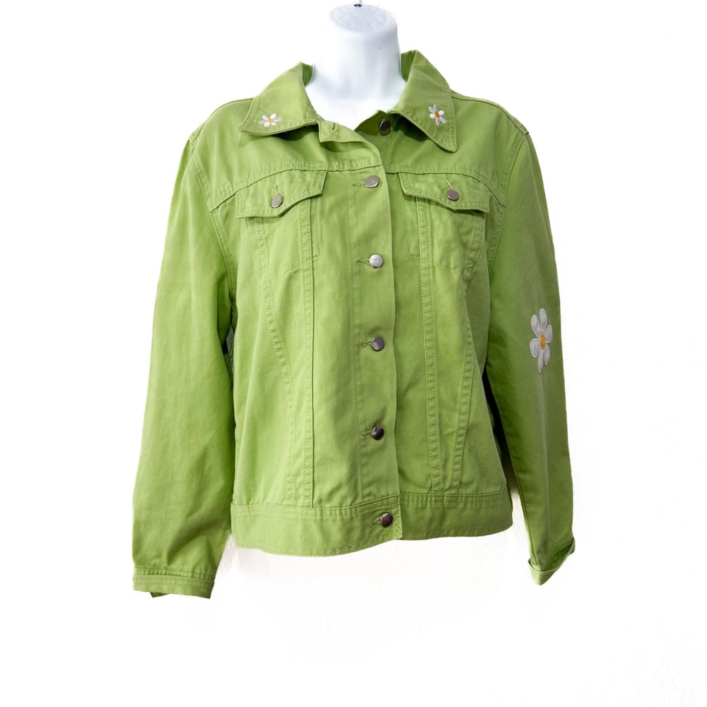 Vintage Lighthouse Green Denim Jacket Floral Embroidered Jean Coat